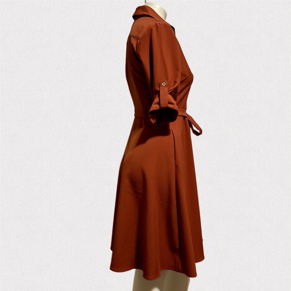 Sharagano Terracotta Midi Dress NWT Petite 4P Button Front Belted Work - Picture 3 of 7